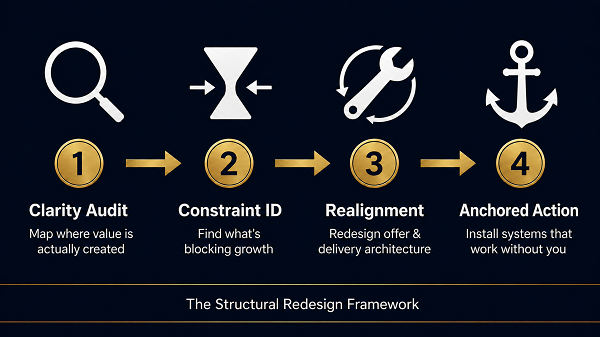 Infographic titled "The Structural Redesign Framework," outlining a 4-step business optimization process: Clarity Audit, Constraint ID, Realignment, and Anchored Action.