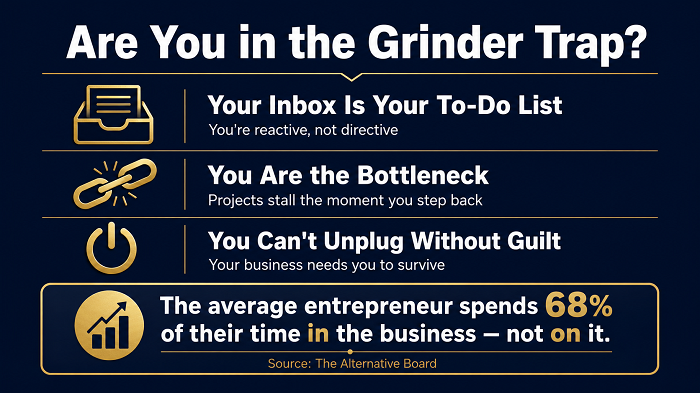Infographic asking "Are You in the Grinder Trap?" with signs like reactive inbox management, being a bottleneck, and inability to unplug, noting 68% of entrepreneur time is spent in the business.