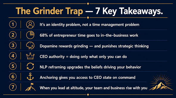 Infographic titled "The Grinder Trap - 7 Key Takeaways" listing points on identity, time management, dopamine, CEO authority, NLP reframing, anchoring, and leadership.