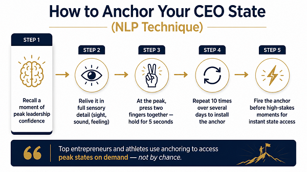 Infographic showing a 5-step NLP technique to anchor a peak leadership state by recalling a memory, reliving it, setting a physical trigger, and repeating for on-demand access.