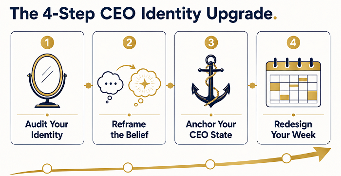 A 4-step infographic illustrating an identity upgrade process: 1. Audit Your Identity, 2. Reframe the Belief, 3. Anchor Your CEO State, 4. Redesign Your Week.