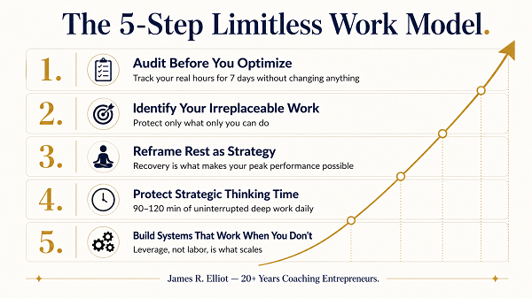 Infographic outlining the 5-Step Limitless Work Model by James R. Elliot, featuring auditing hours, identifying irreplaceable work, reframing rest, protecting strategic thinking time, and building systems.