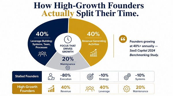 Infographic showing how high-growth founders split their time (40% leverage-building, 40% revenue-generating, 20% maintenance) compared to stalled founders (~80% execution).