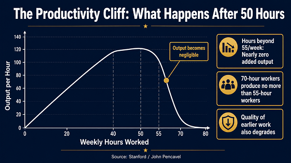 Infographic titled "The Productivity Cliff: What Happens After 50 Hours" featuring a chart based on Stanford/John Pencavel data showing that output drops significantly beyond 55 hours per week.
