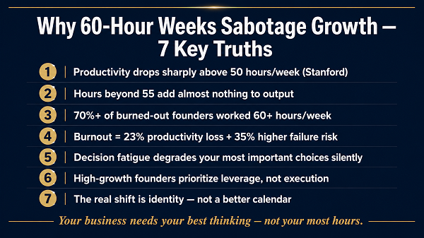 Infographic titled "Why 60-Hour Weeks Sabotage Growth - 7 Key Truths" detailing productivity drops, output limits, burnout statistics, decision fatigue, and the need for identity shifts over execution.