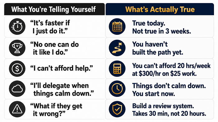 An infographic comparing common internal excuses under "What You're Telling Yourself" with the reality under "What's Actually True" regarding delegation, time costs, and building systems.