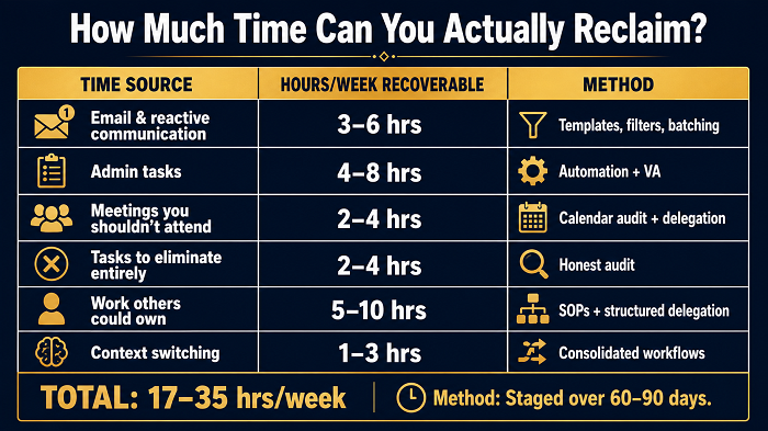 Infographic titled "How Much Time Can You Actually Reclaim?" detailing time sources, weekly hours recoverable ranging from 1-10 hours per category, methods such as templates, automation, audits, SOPs, and workflows, totaling 17-35 hours per week over 60-90 days.