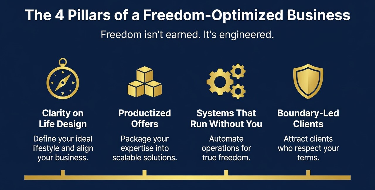 Infographic titled "The 4 Pillars of a Freedom-Optimized Business" detailing Clarity on Life Design, Productized Offers, Systems That Run Without You, and Boundary-Led Clients.