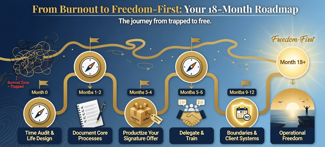 Infographic titled "From Burnout to Freedom-First: Your 18-Month Roadmap" outlining the journey from the burnout zone to operational freedom.