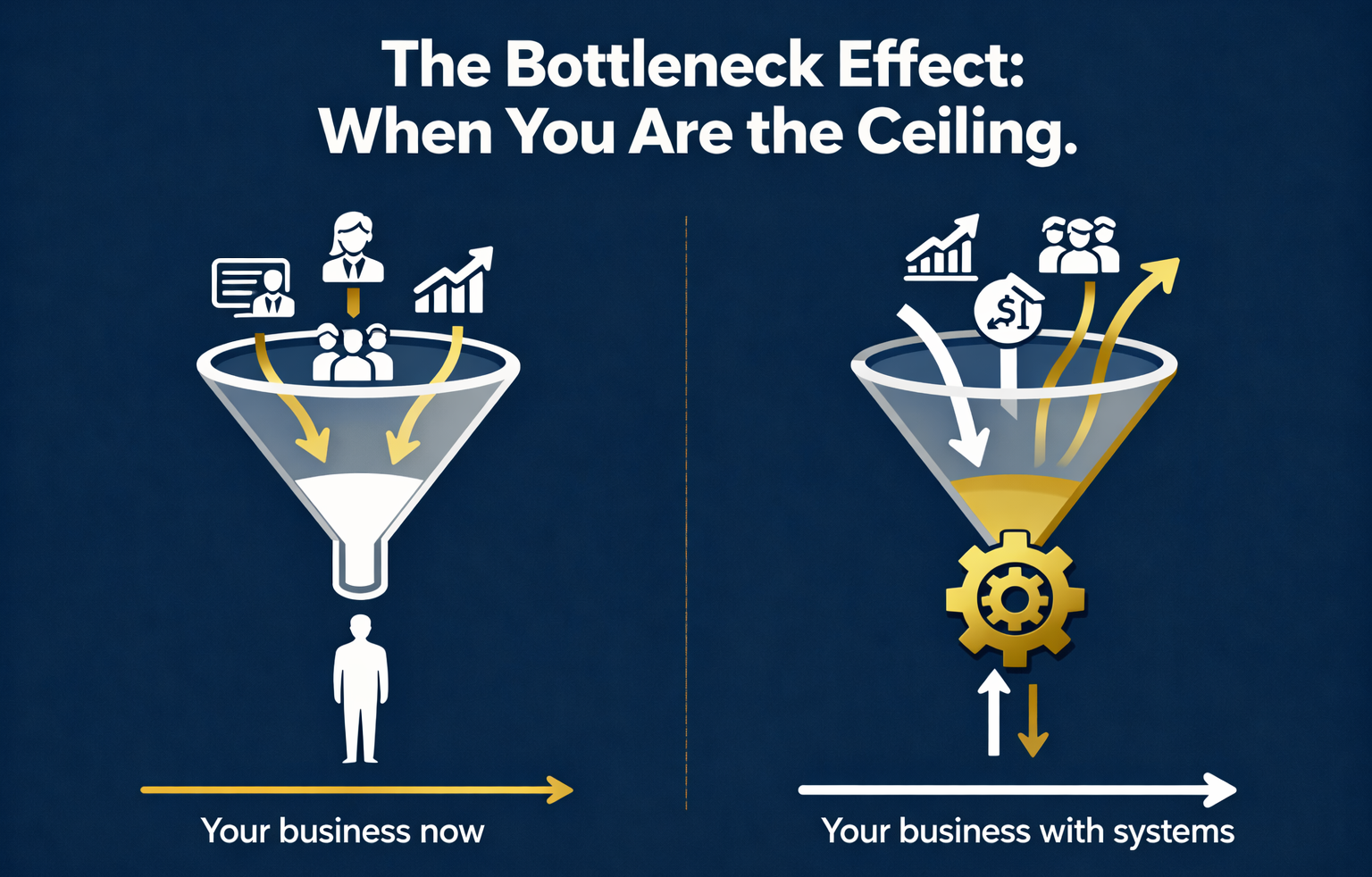 Infographic titled "The Bottleneck Effect: When You Are the Ceiling" comparing "Your business now" to "Your business with systems