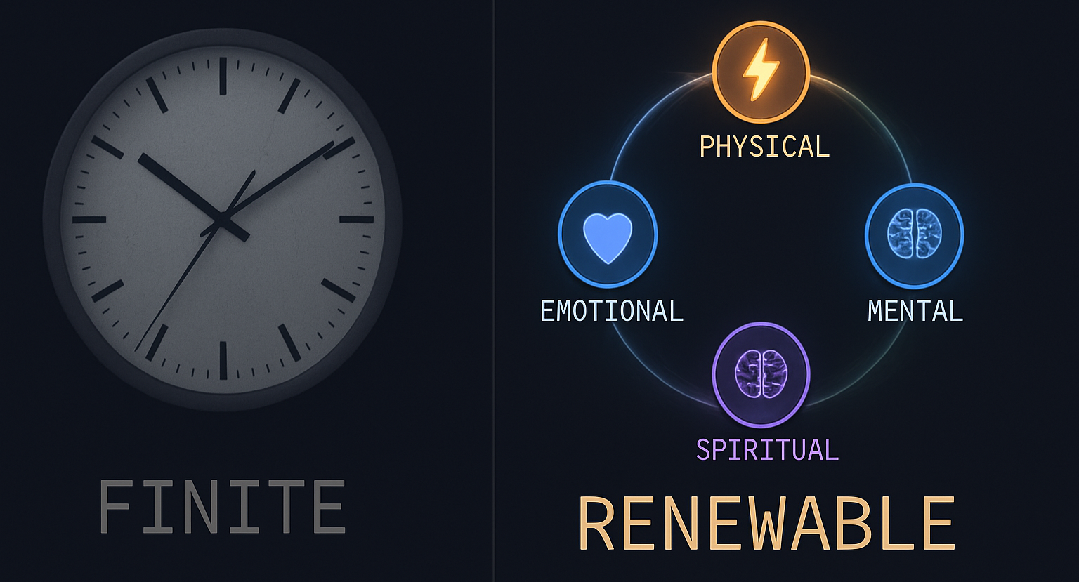Infographic contrasting time management as finite with energy management as renewable across physical, emotional, mental, and spiritual dimensions.