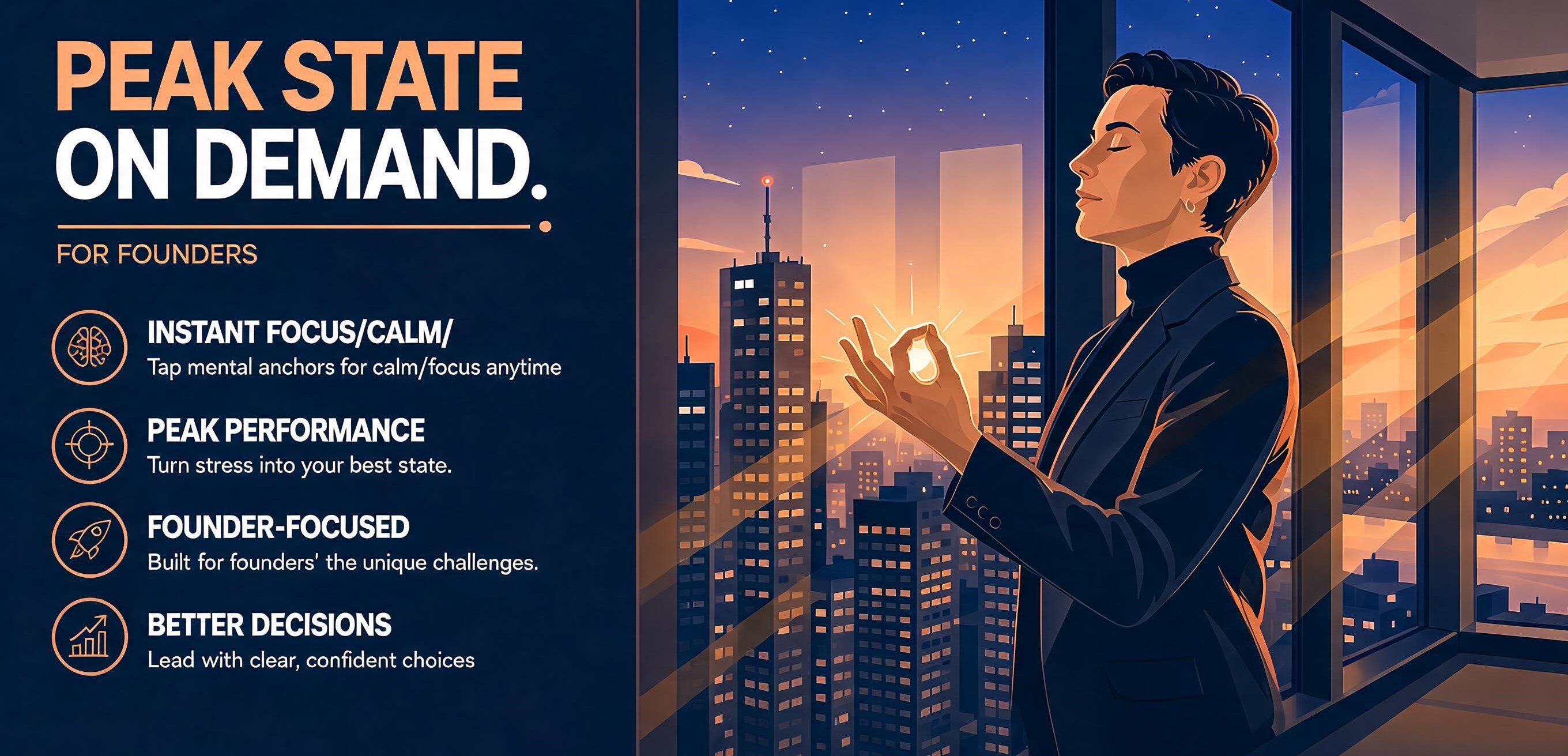 Here are the key benefits detailed in the Peak State on Demand for Founders infographic:  Instant Focus/Calm: Tap mental anchors for calm/focus anytime.  Peak Performance: Turn stress into your best state.  Founder-Focused: Built for founders' unique challenges.  Better Decisions: Lead with clear, confident choices