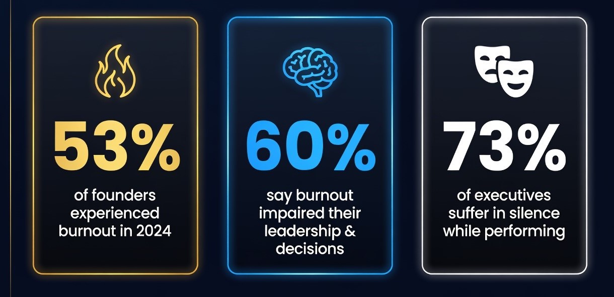Infographic showing statistics on leadership burnout: 53% of founders experienced burnout in 2024, 60% say burnout impaired their leadership and decisions, and 73% of executives suffer in silence while performing.