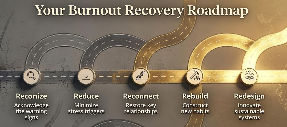 Roadmap showing five burnout recovery steps: Recognize, Reduce, Reconnect, Rebuild, and Redesign. Roadmap showing five burnout recovery steps: Recognize, Reduce, Reconnect, Rebuild, and Redesign.