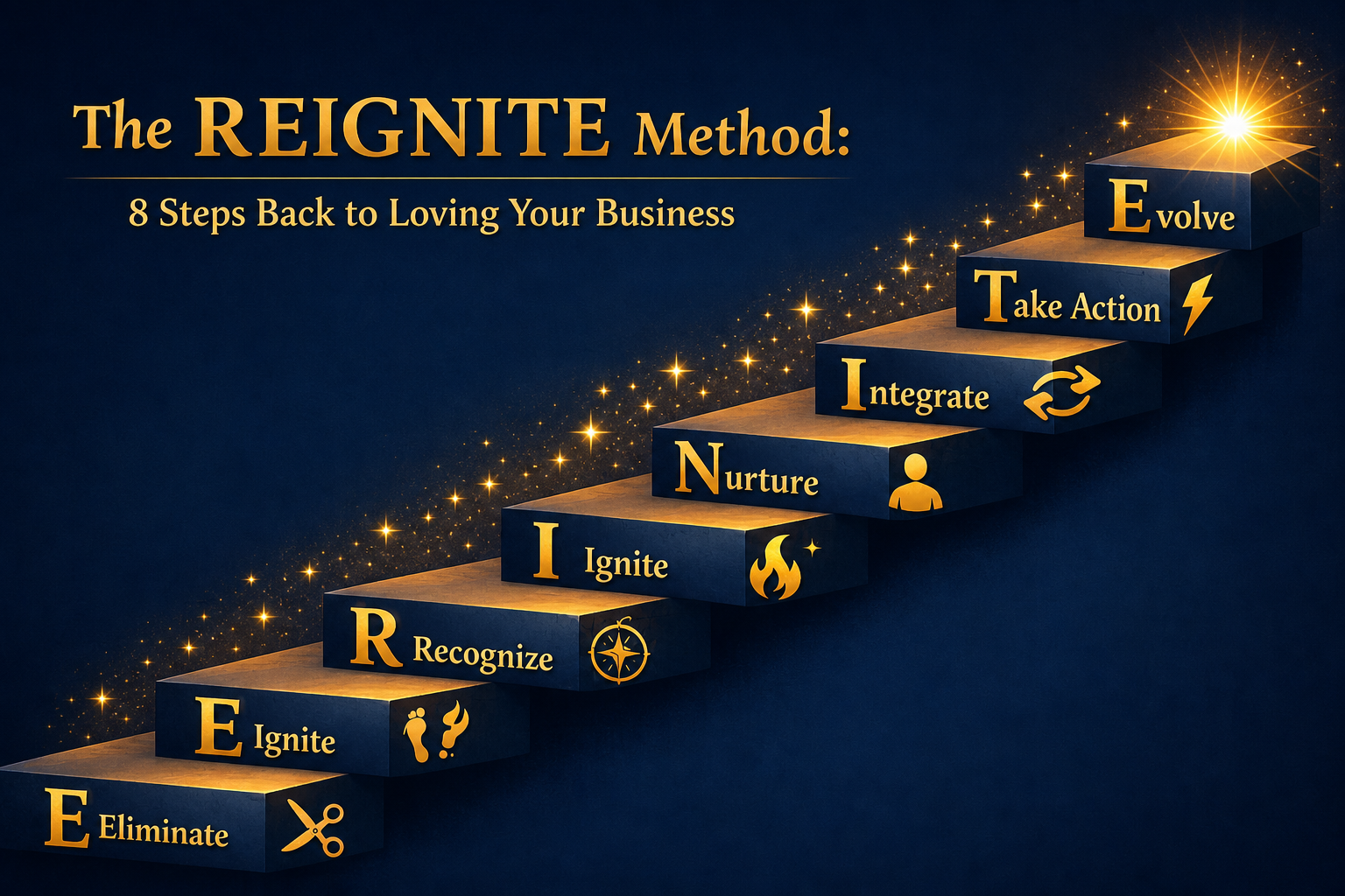 Staircase showing the REIGNITE Method's 8 steps to love business. Staircase showing the REIGNITE Method's 8 steps to love business.