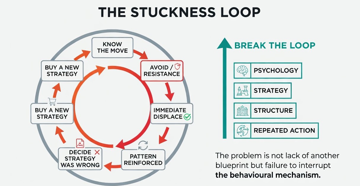 Circular diagram titled "The Stuckness Loop" showing how resistance leads to buying new strategies. Circular diagram titled "The Stuckness Loop" showing how resistance leads to buying new strategies.