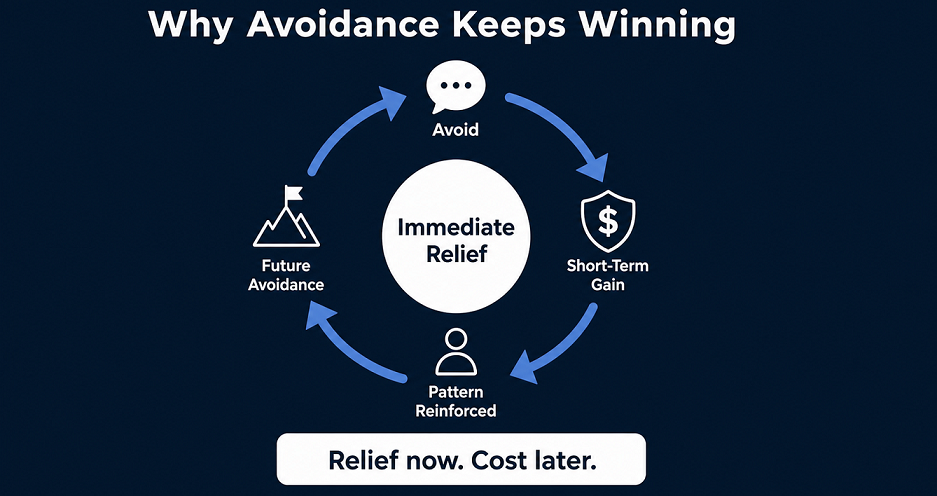 Circular diagram illustrating the feedback loop of avoidance, immediate relief, and reinforced patterns. Circular diagram illustrating the feedback loop of avoidance, immediate relief, and reinforced patterns.
