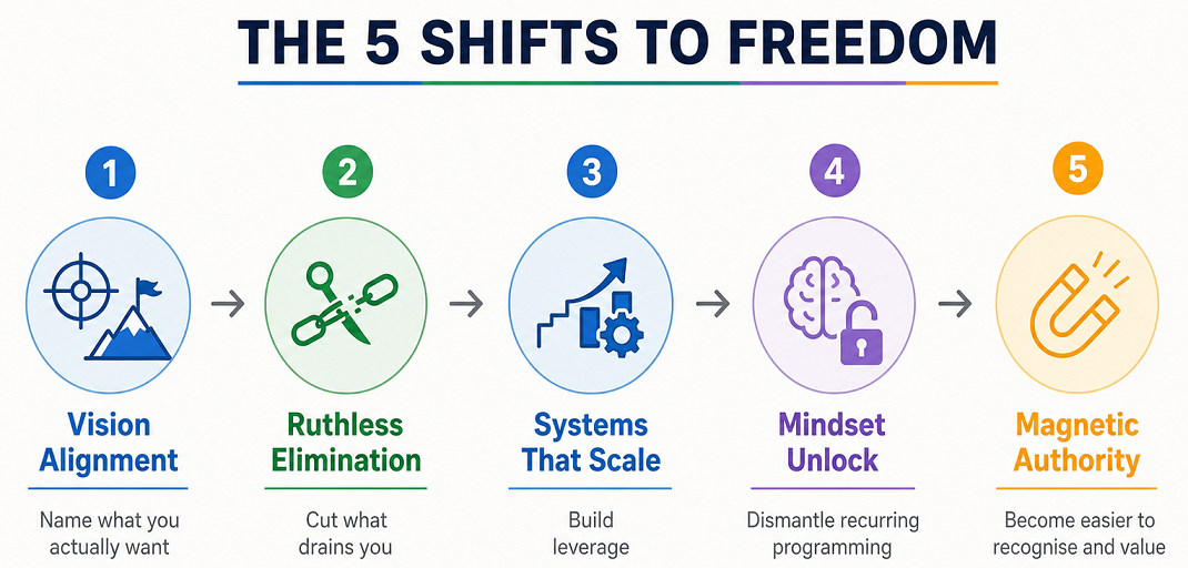 Five-step infographic titled "The 5 Shifts to Freedom" mapping out vision, elimination, and scaling. Five-step infographic titled "The 5 Shifts to Freedom" mapping out vision, elimination, and scaling.