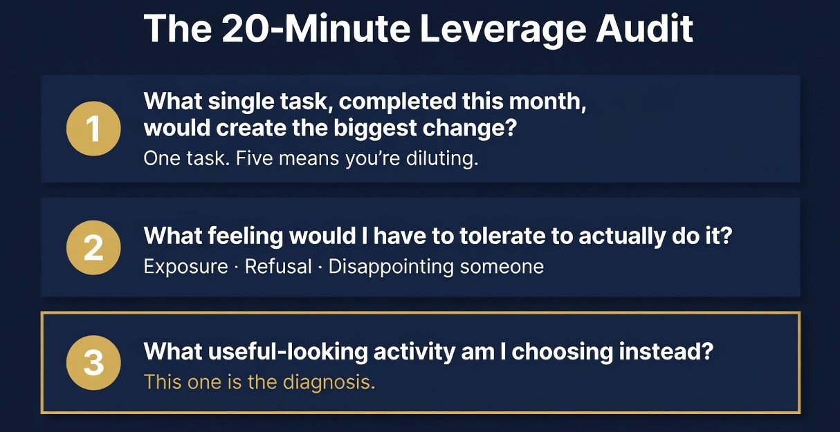 Three-step infographic titled "The 20-Minute Leverage Audit" focusing on tasks, feelings, and avoidance.