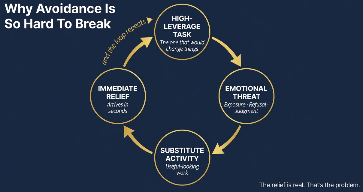Circular diagram explaining why avoidance is hard to break through emotional threats and relief loops.