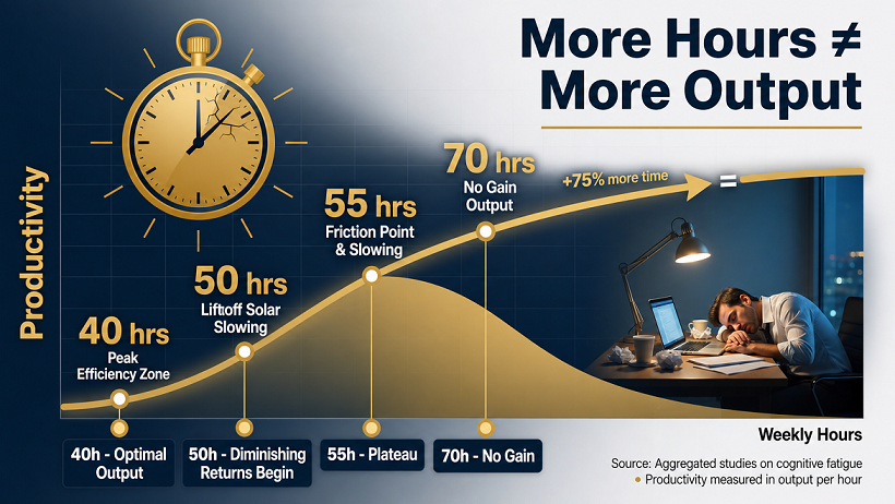 **File Name:** image4.png **Alt Text:** Infographic showing how working more than forty hours yields diminishing returns and fatigue. **File Name:** image4.png **Alt Text:** Infographic showing how working more than forty hours yields diminishing returns and fatigue.