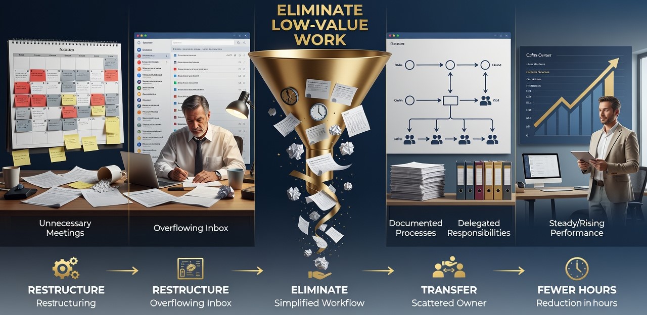 **File Name:** image2_3.jpg **Alt Text:** Infographic showing how to eliminate low-value work by restructuring meetings, inboxes, and workflows. **File Name:** image2_3.jpg **Alt Text:** Infographic showing how to eliminate low-value work by restructuring meetings, inboxes, and workflows.