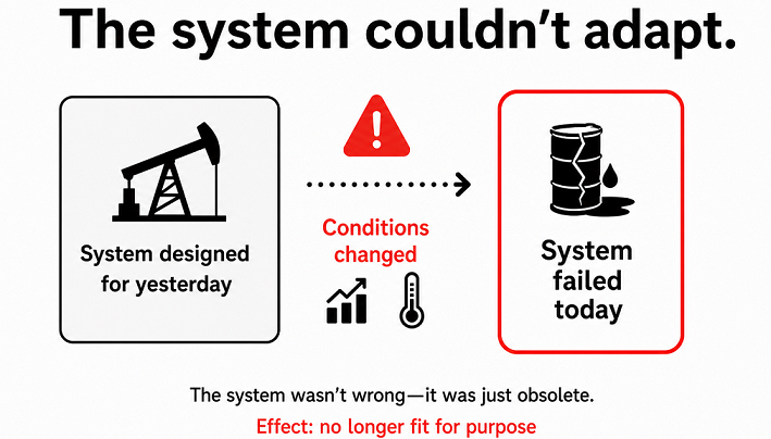 Infographic showing how a system designed for yesterday failed when conditions changed today.