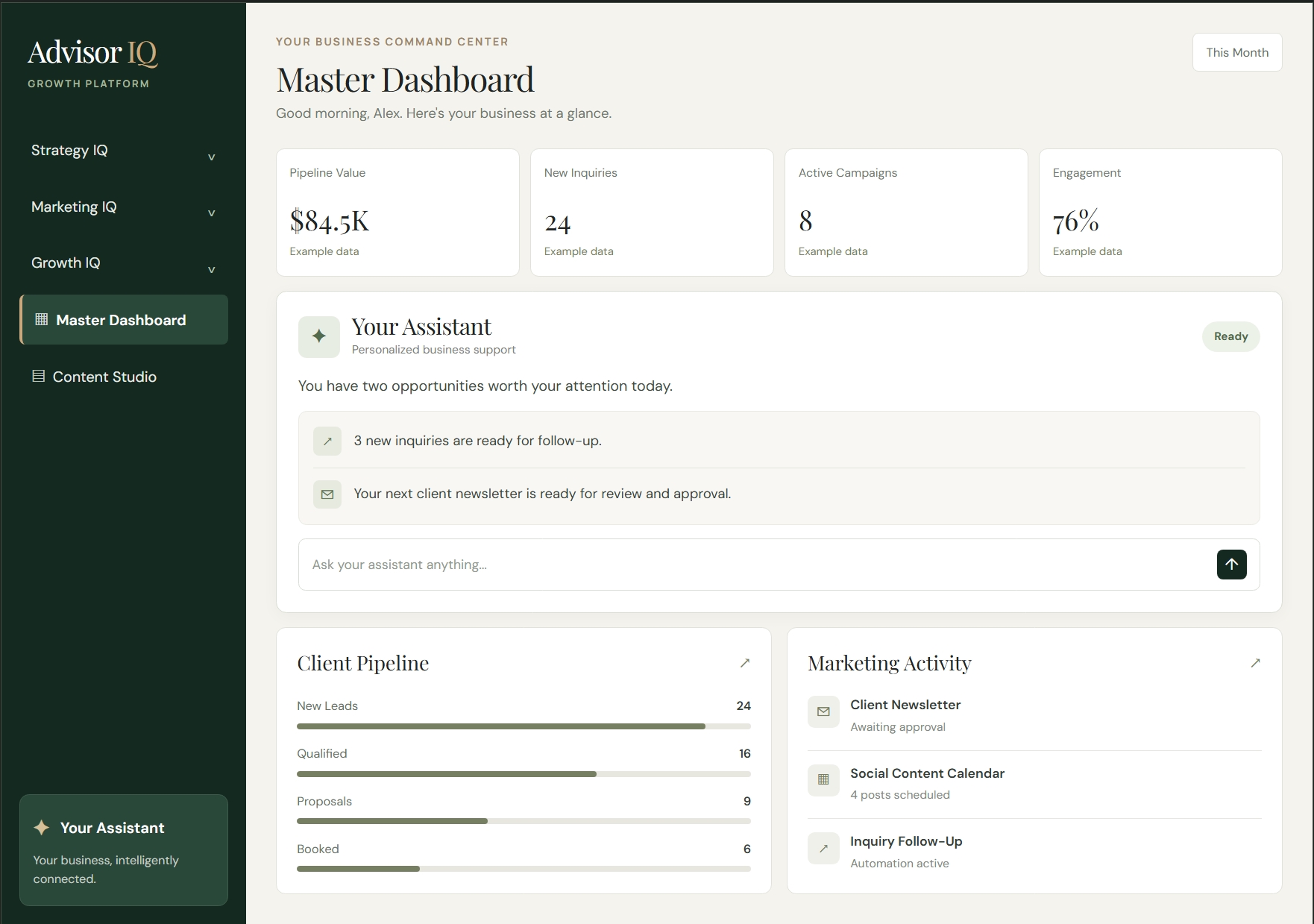 Conceptual Advisor IQ Master Dashboard showing business performance, marketing insights, and client pipeline