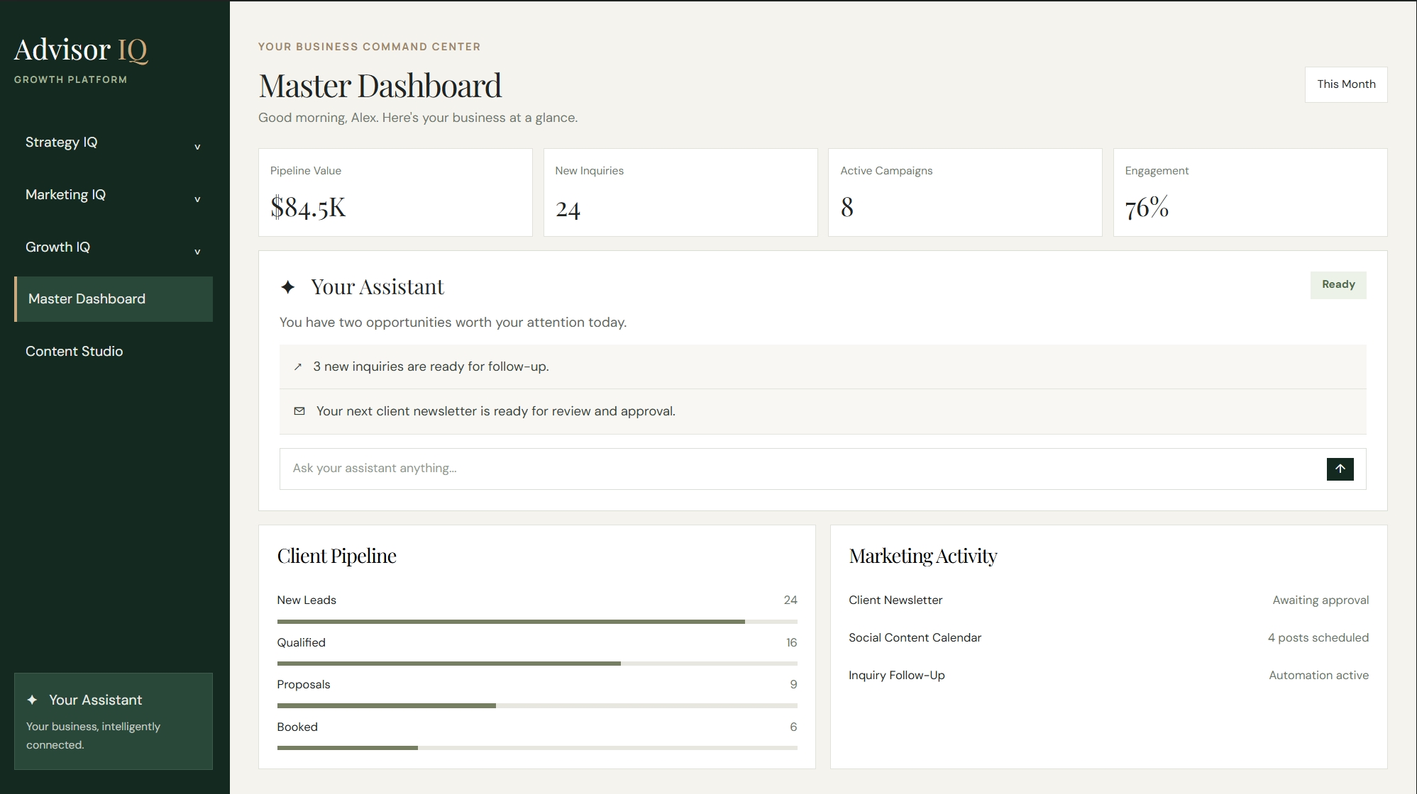 Conceptual Advisor IQ master dashboard for event and wedding planners