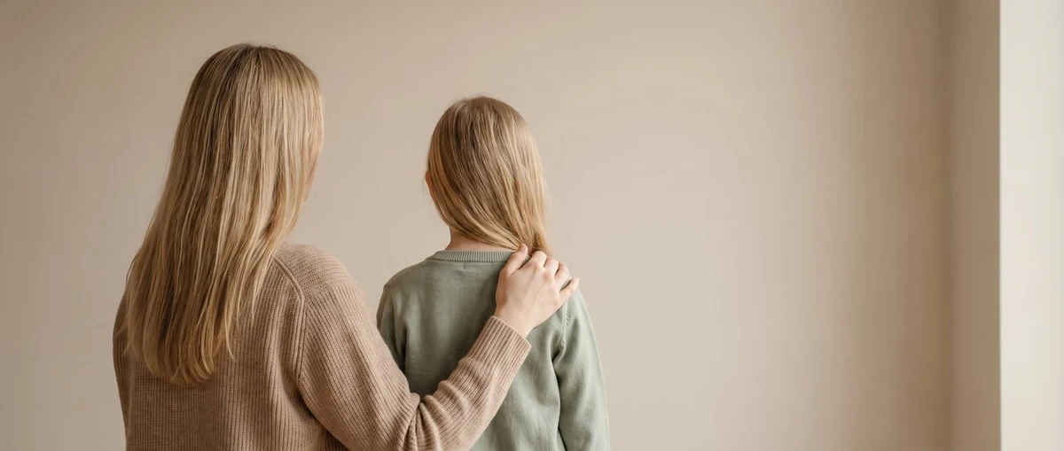 Mutter mit der Hand auf der Schulter ihrer Tochter, von hinten