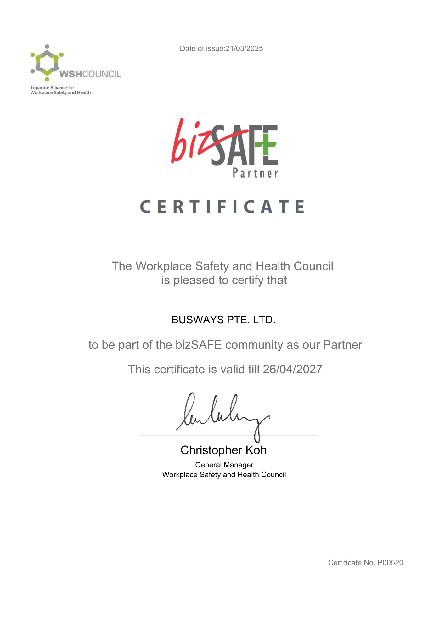 BCA Work Place Safety Mark Certification