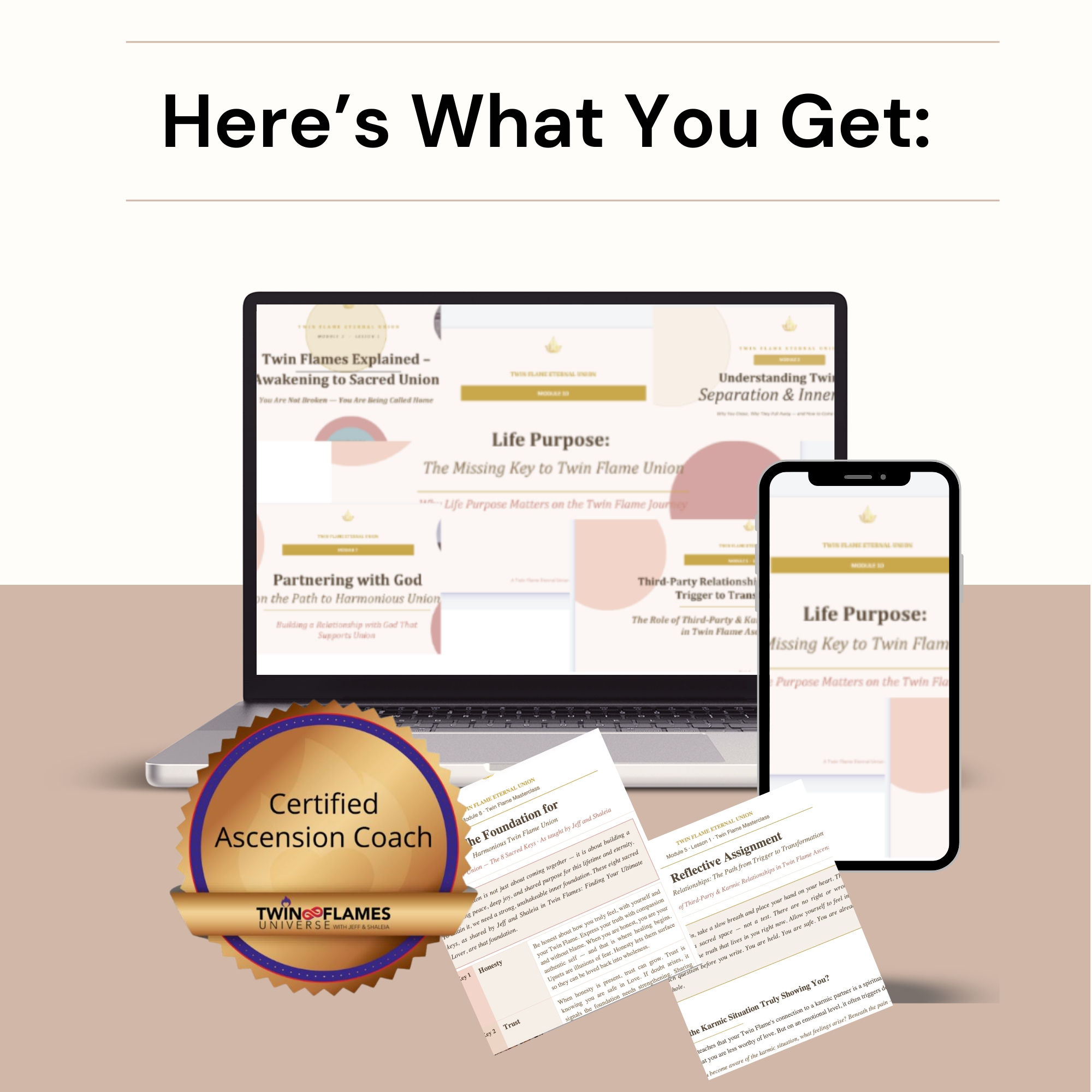 Twin Flame Pathway course materials displayed on a laptop and mobile phone