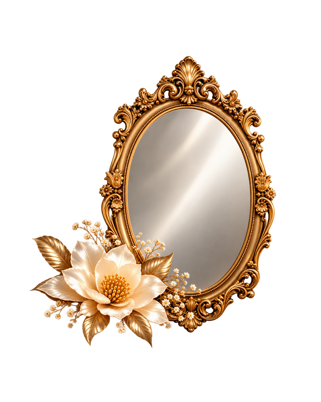 Ornate golden mirror with ivory flower
