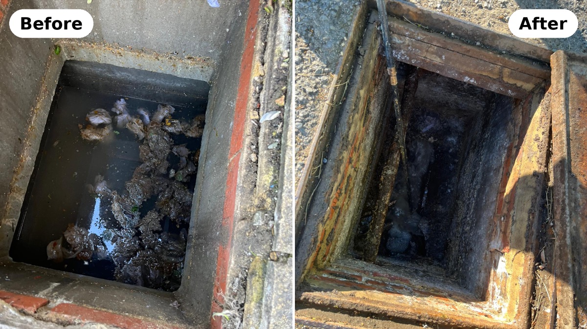 Blocked inspection chamber cleared by PU Drainage