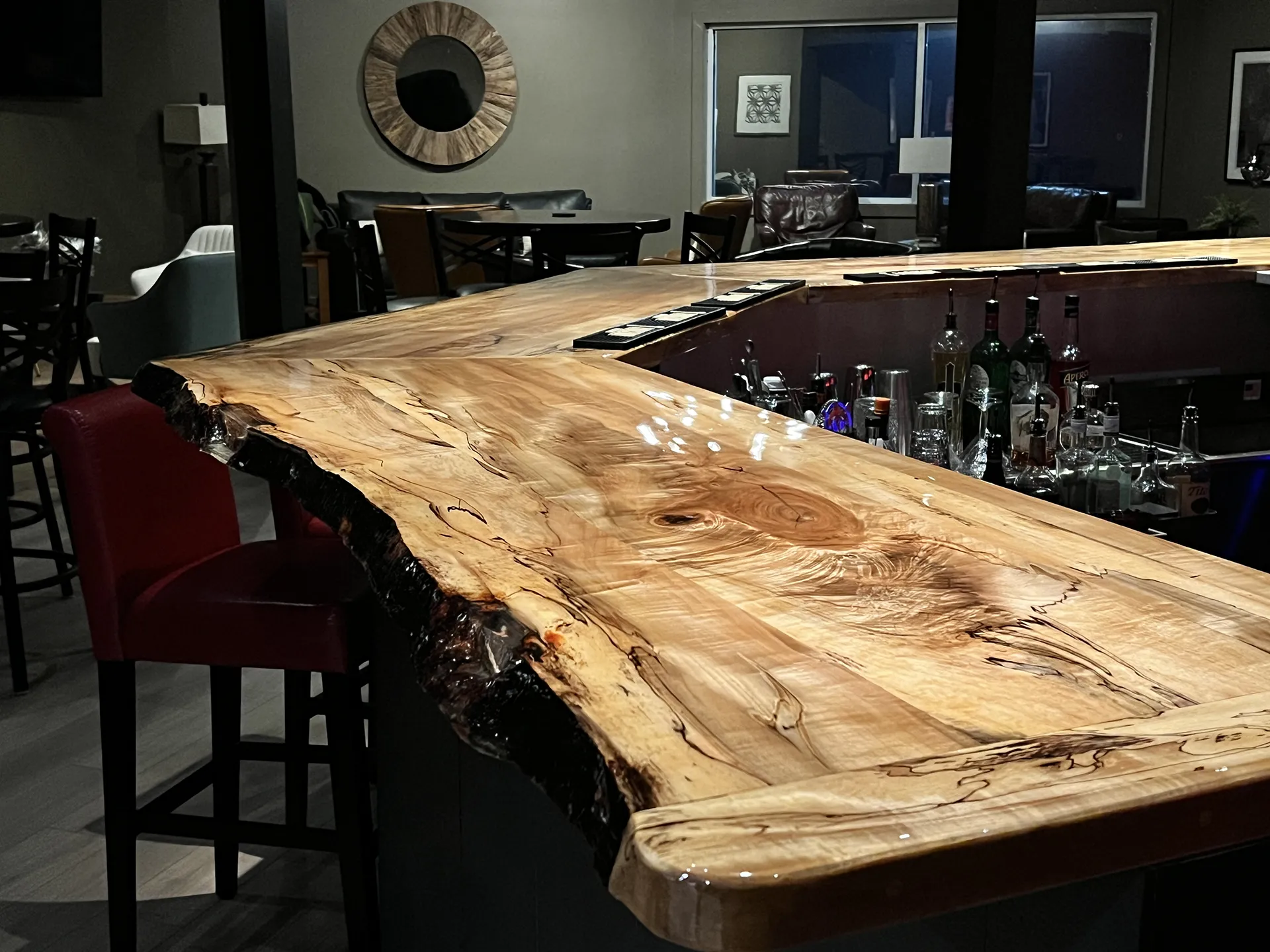 Live-edge bar top at the Bourbon Lounge