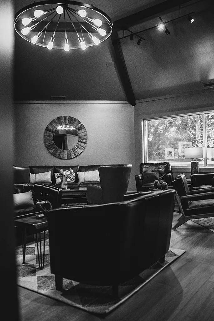 Chandelier and full lounge view