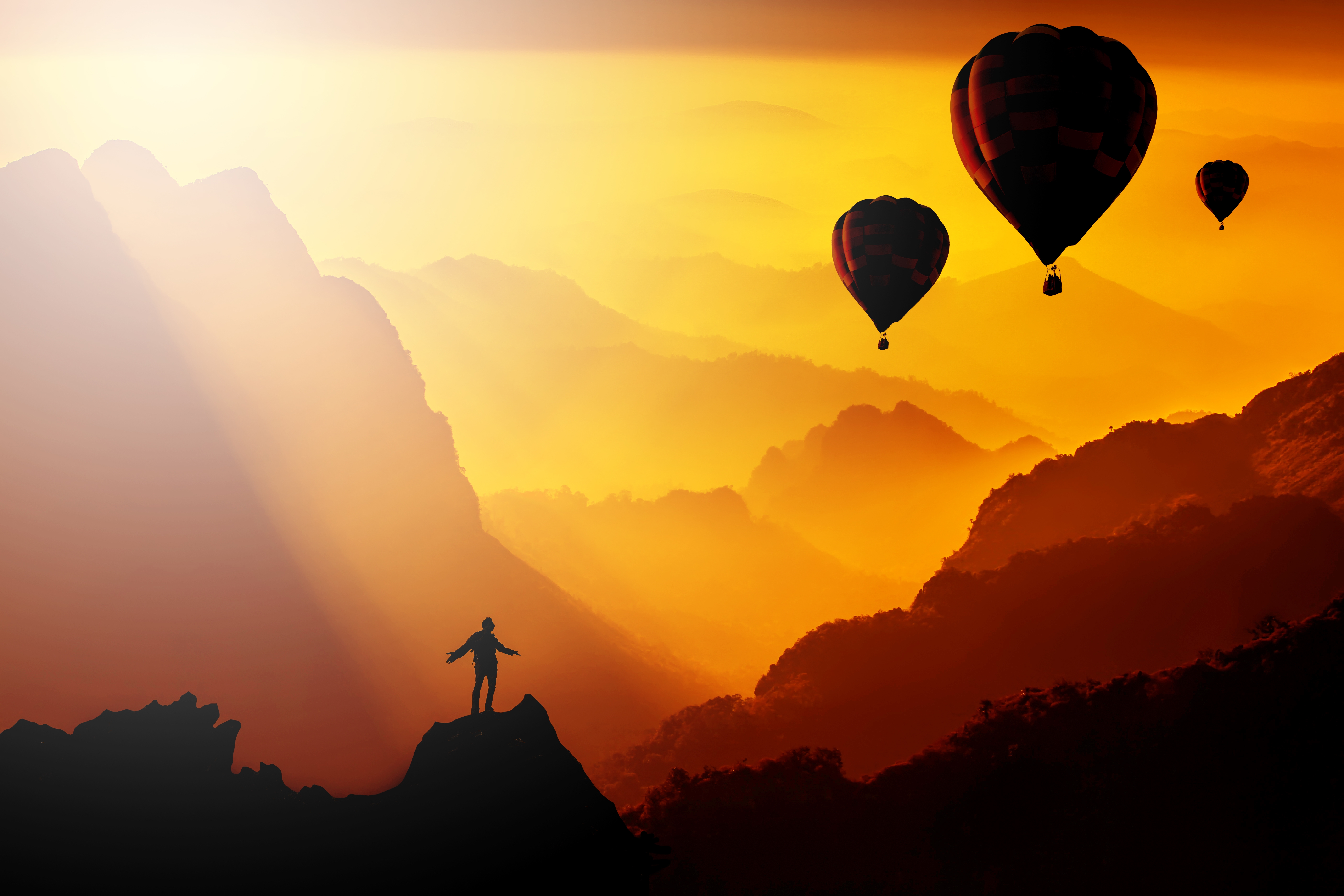 Journey destination. Воздушный шар на закате. Воздушные шары и горы закат. Гора с воздушными шарами закат. Воздушные шары в горах.