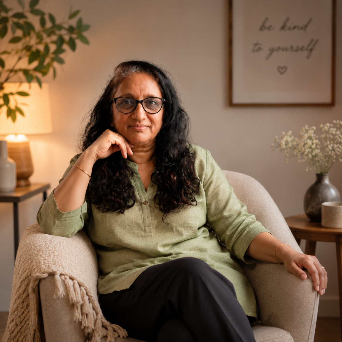 Professional head-and-shoulders portrait of an Indian woman in her thirties, smiling, in business clothing, against a LIGHT softly blurred background