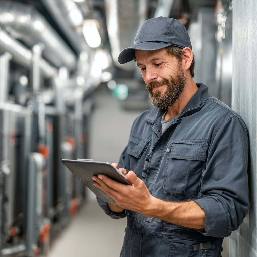 HVAC technician using tablet