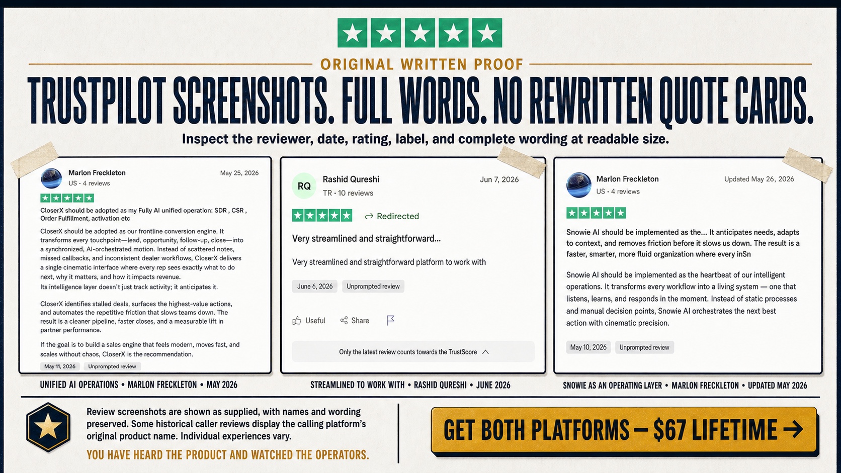Original Trustpilot review screenshots with full wording