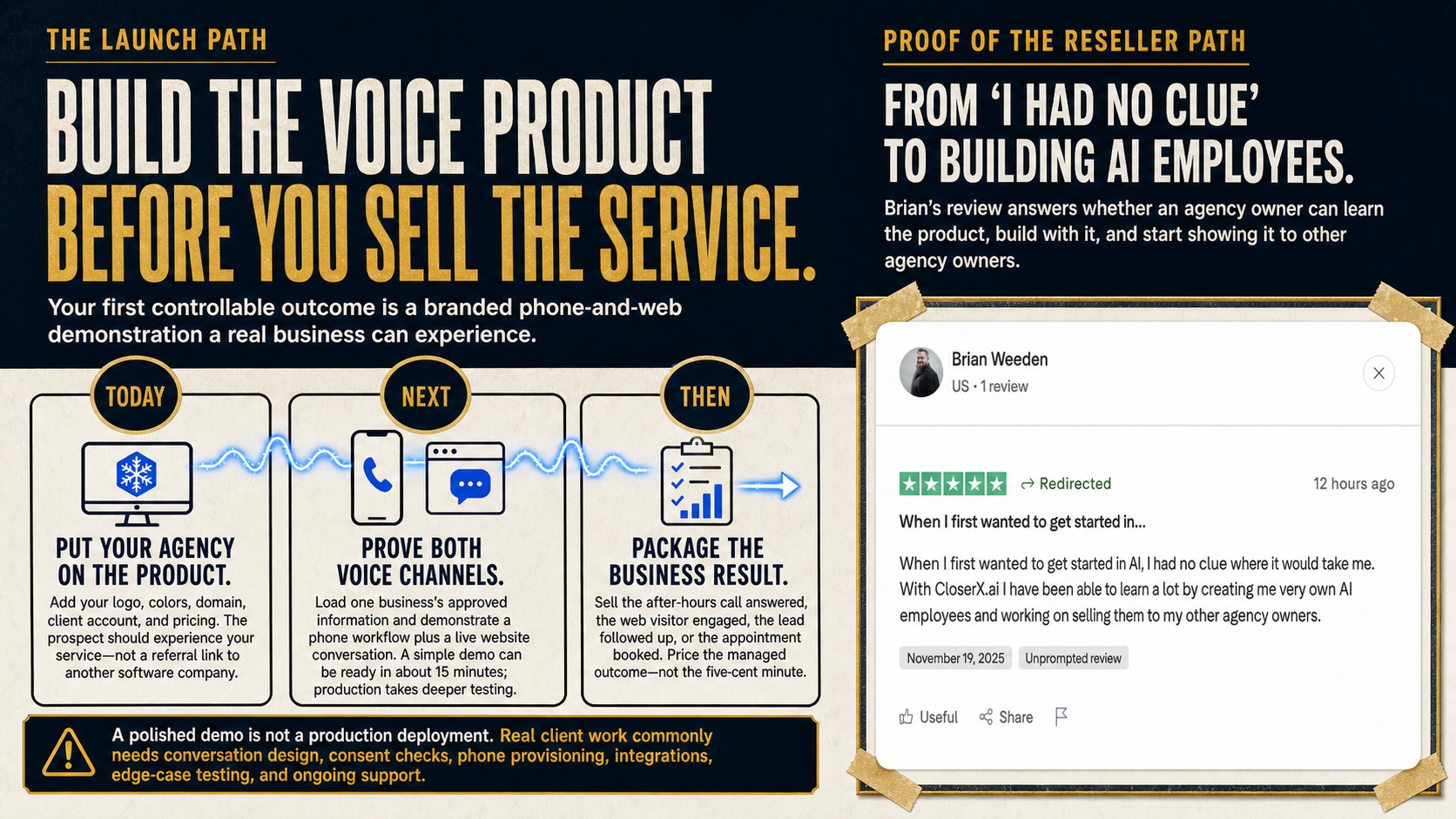 Three-step voice product launch path and original customer proof
