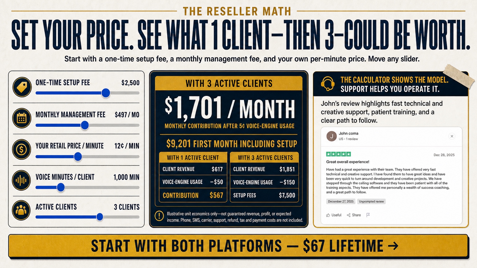 Interactive illustrative reseller pricing and client contribution calculator