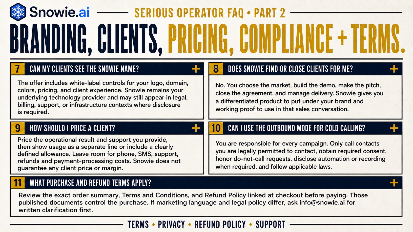 Snowie frequently asked questions about branding clients pricing compliance and terms