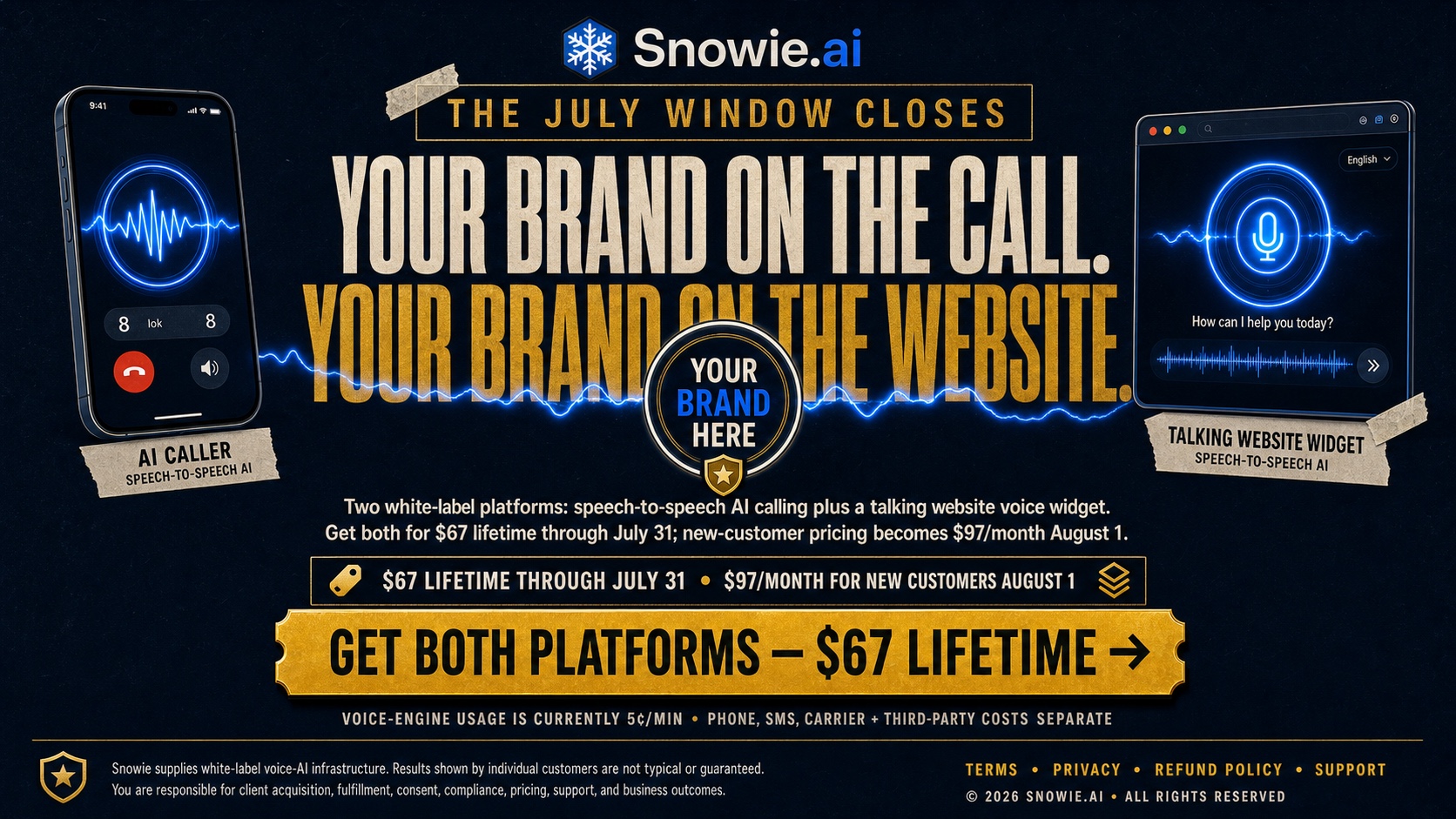 Put your brand on Snowie phone and website voice AI with final 67 dollar lifetime offer