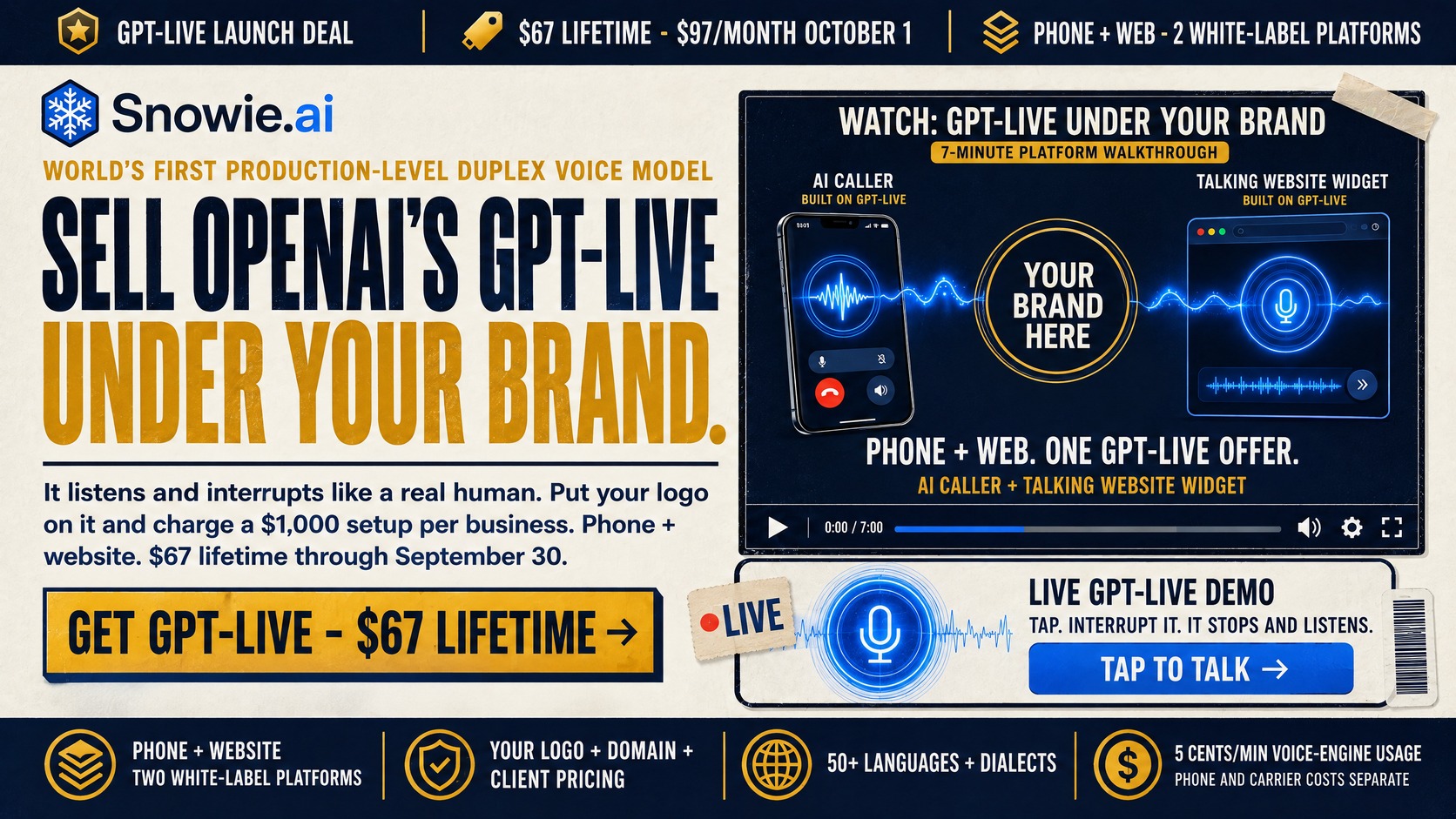 Sell OpenAI GPT-Live under your brand on phone and web: the world's first production-level duplex voice model, $67 lifetime