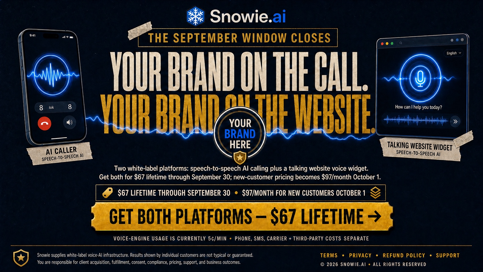 Put your brand on Snowie phone and website voice AI with final 67 dollar lifetime offer