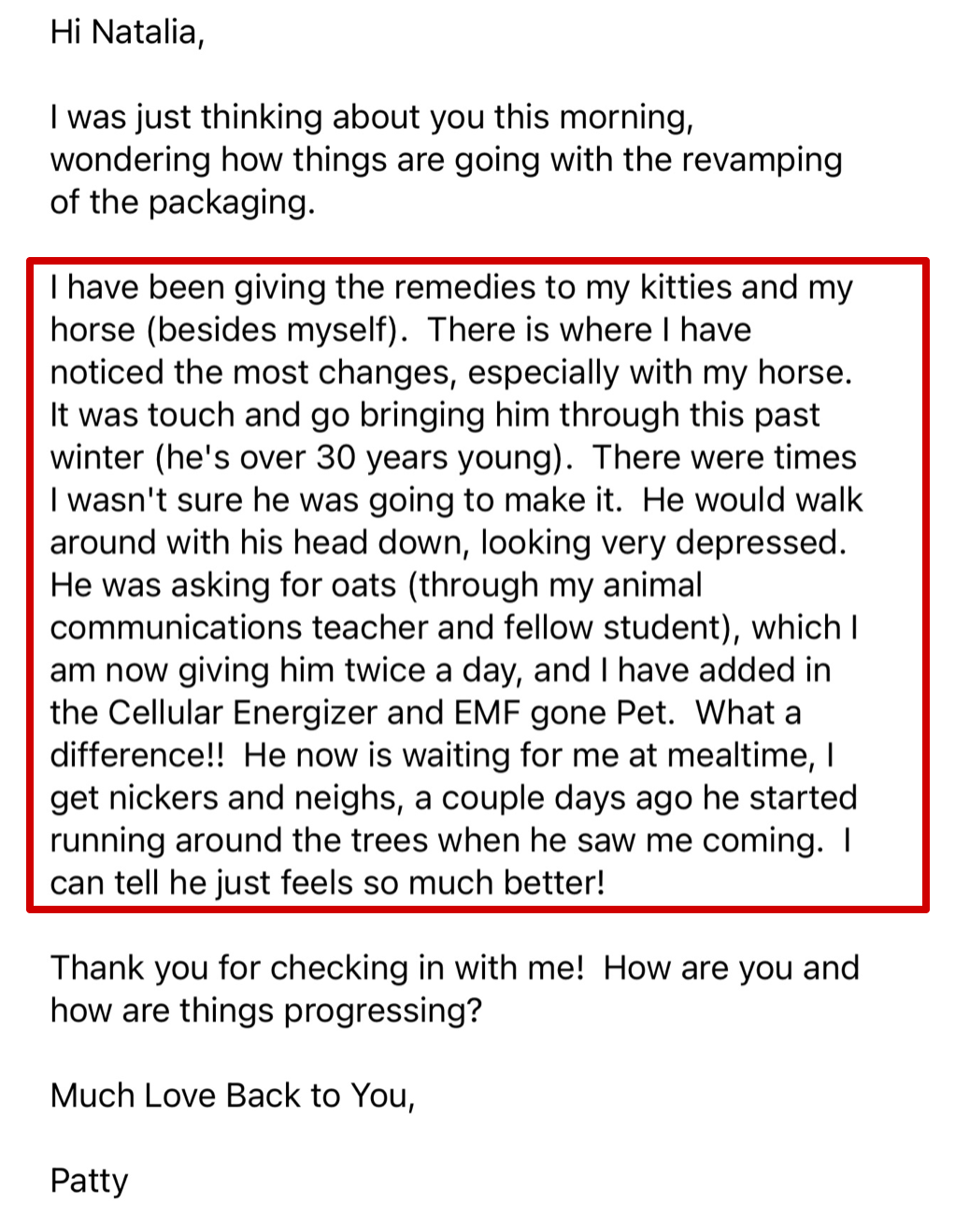 Customer email about her horse
