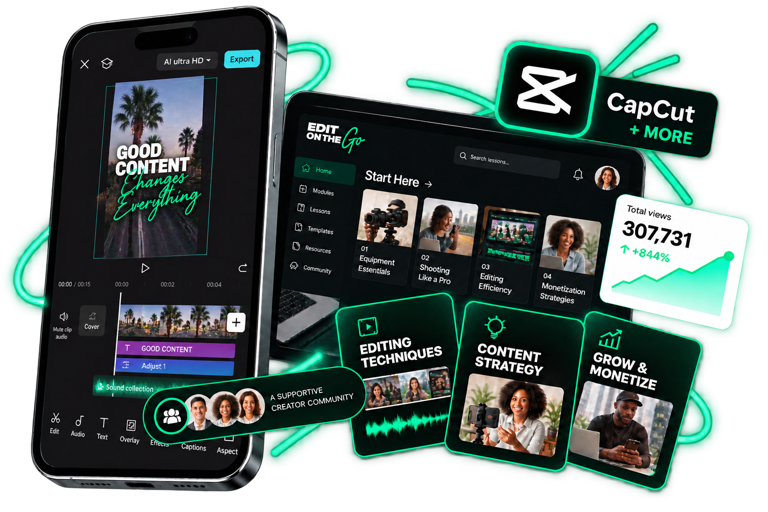 Edit On The Go mobile editing system featuring CapCut, phone editing, course modules, and content growth