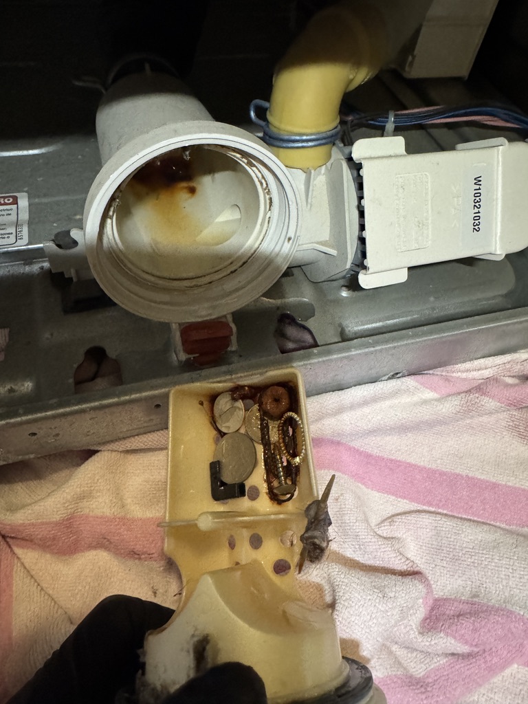 Coins and debris removed from a clogged Maytag washer drain pump filter in Fairfield, CA