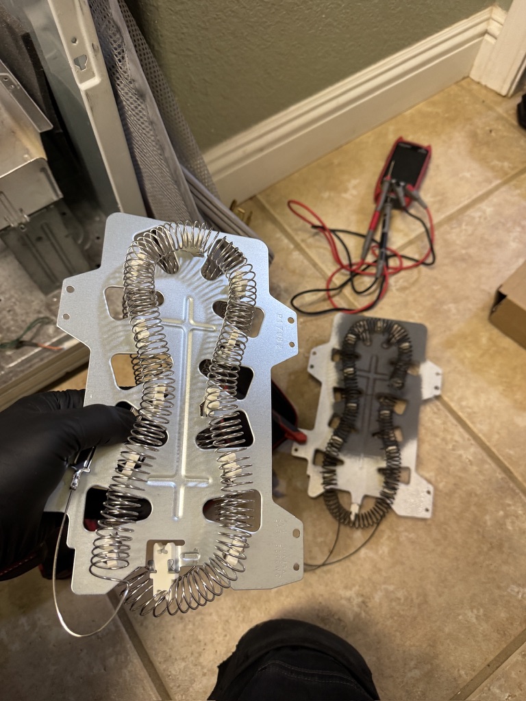 New and failed Samsung dryer heating elements compared before installation New and failed Samsung dryer heating elements compared before installation